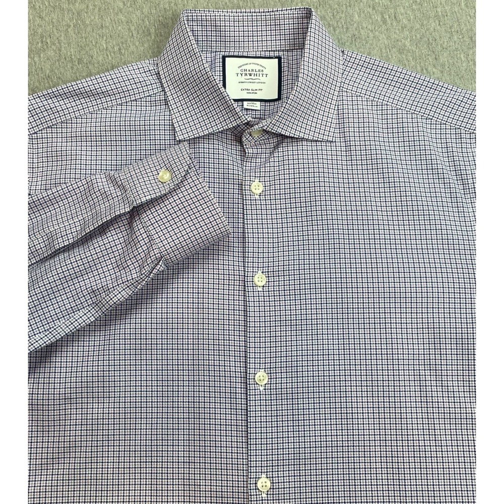 Charles Tyrwhitt Shirt Mens 16 - 35 Houndstooth 100% Cotton Extra Slim Button Up